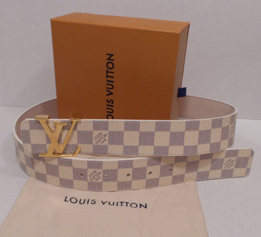 New White Damier Belt with Gold Buckle