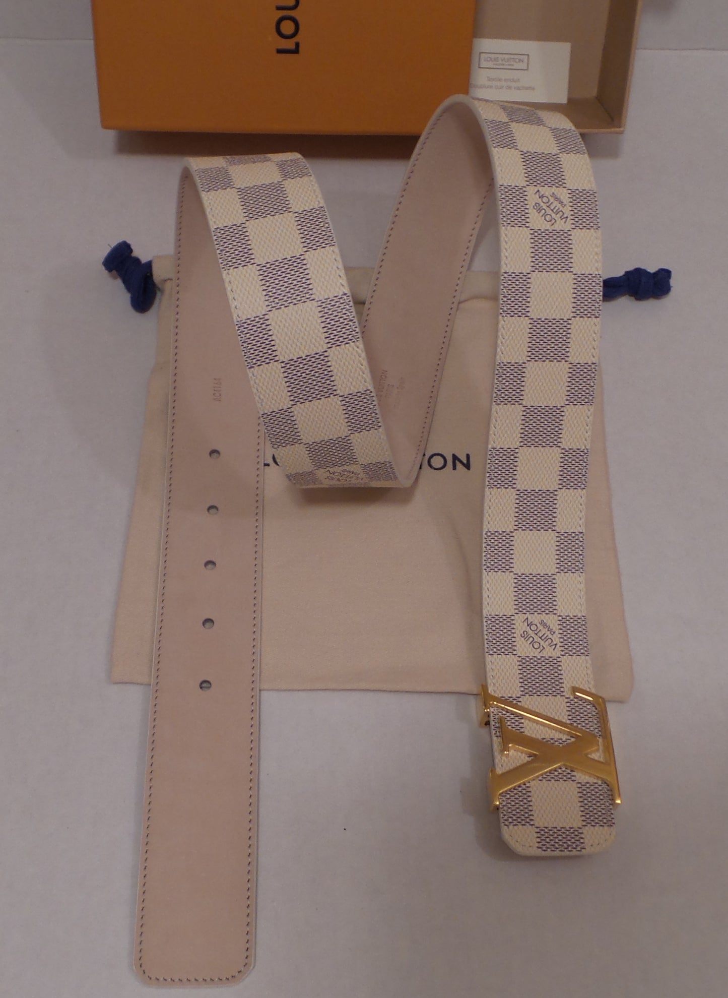 New White Damier Belt with Gold Buckle