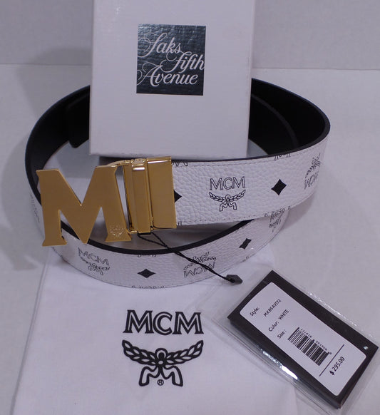 Reversible White Monogram Black Belt with Big Gold M Buckle