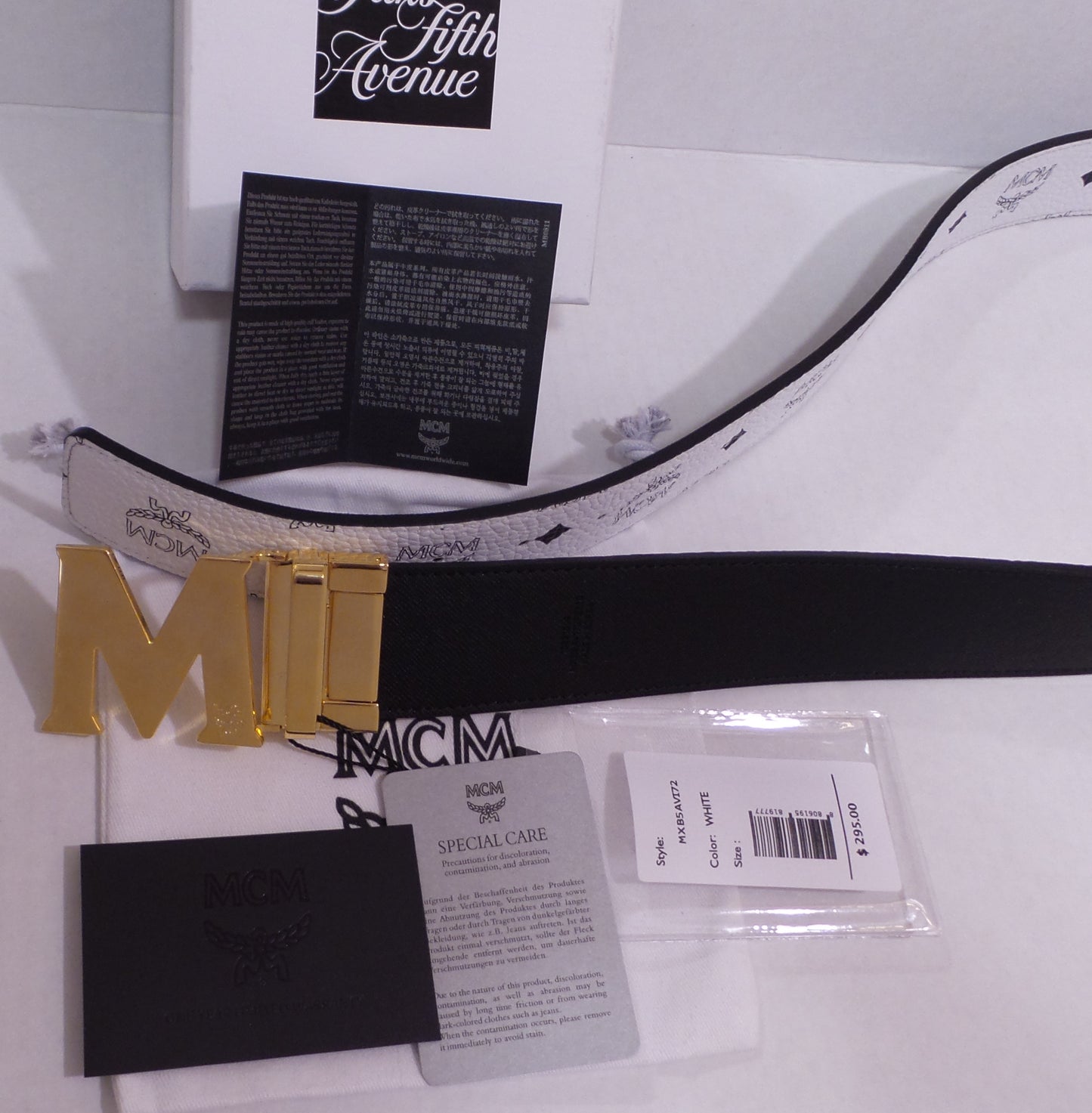 Reversible White Monogram Black Belt with Big Gold M Buckle