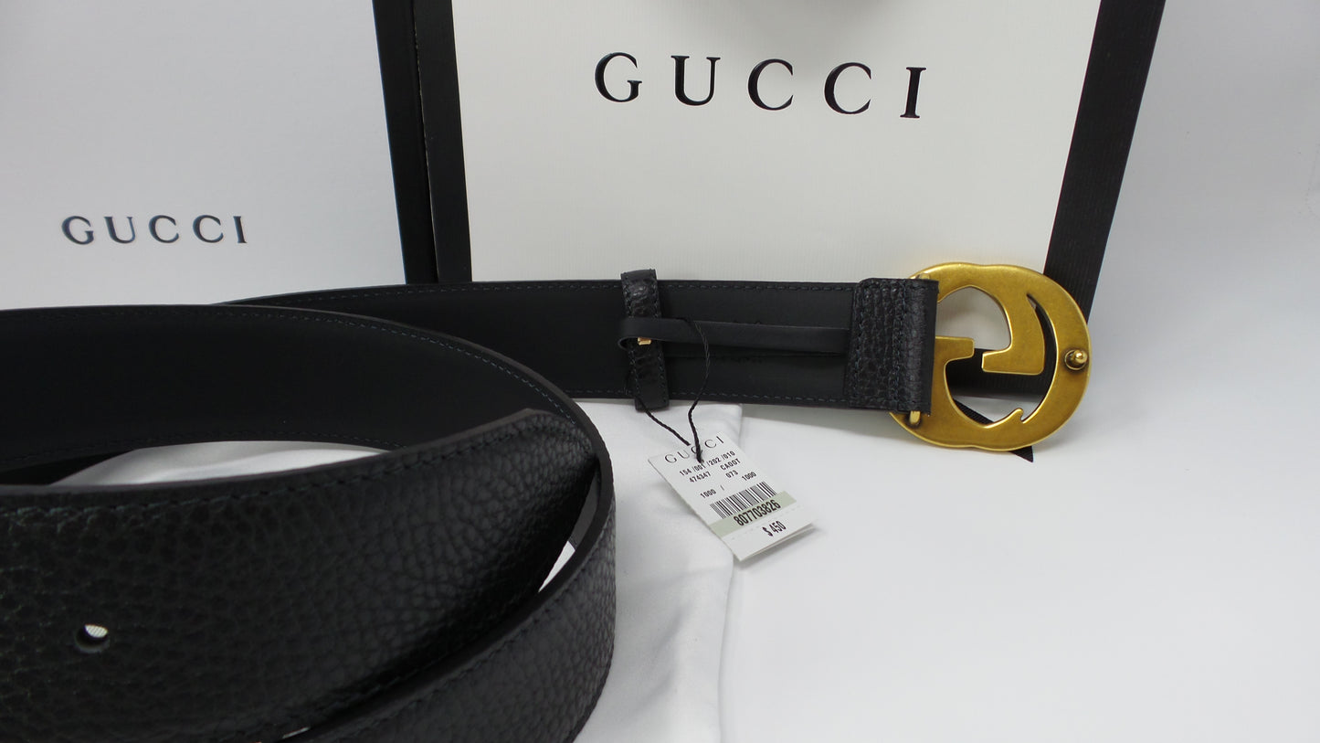 Black Leather Belt New Style Interlocking Brass GG