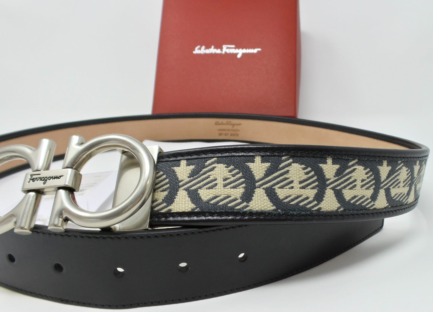 New Gancini Jacquard Black Leather Belt ADJUSTABLE