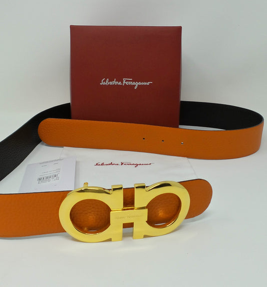 Reversible Belt Orange / Black Large Gold Gancini Buckle