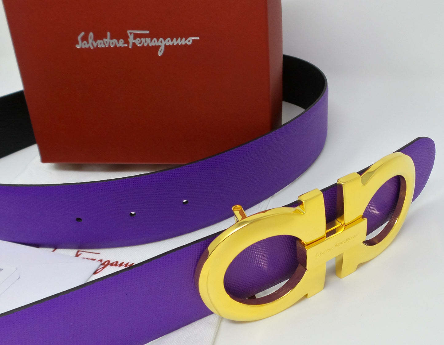 Reversible Belt Purple / Black Large Gold Gancini Buckle