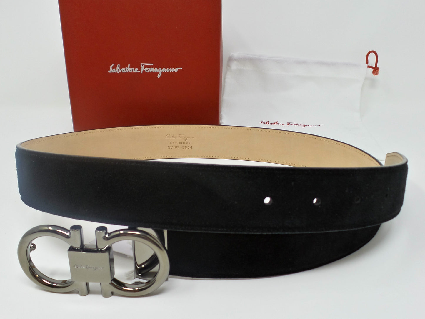 Black Suede Belt With Medium Sized Ruthenium Gancini Buckle