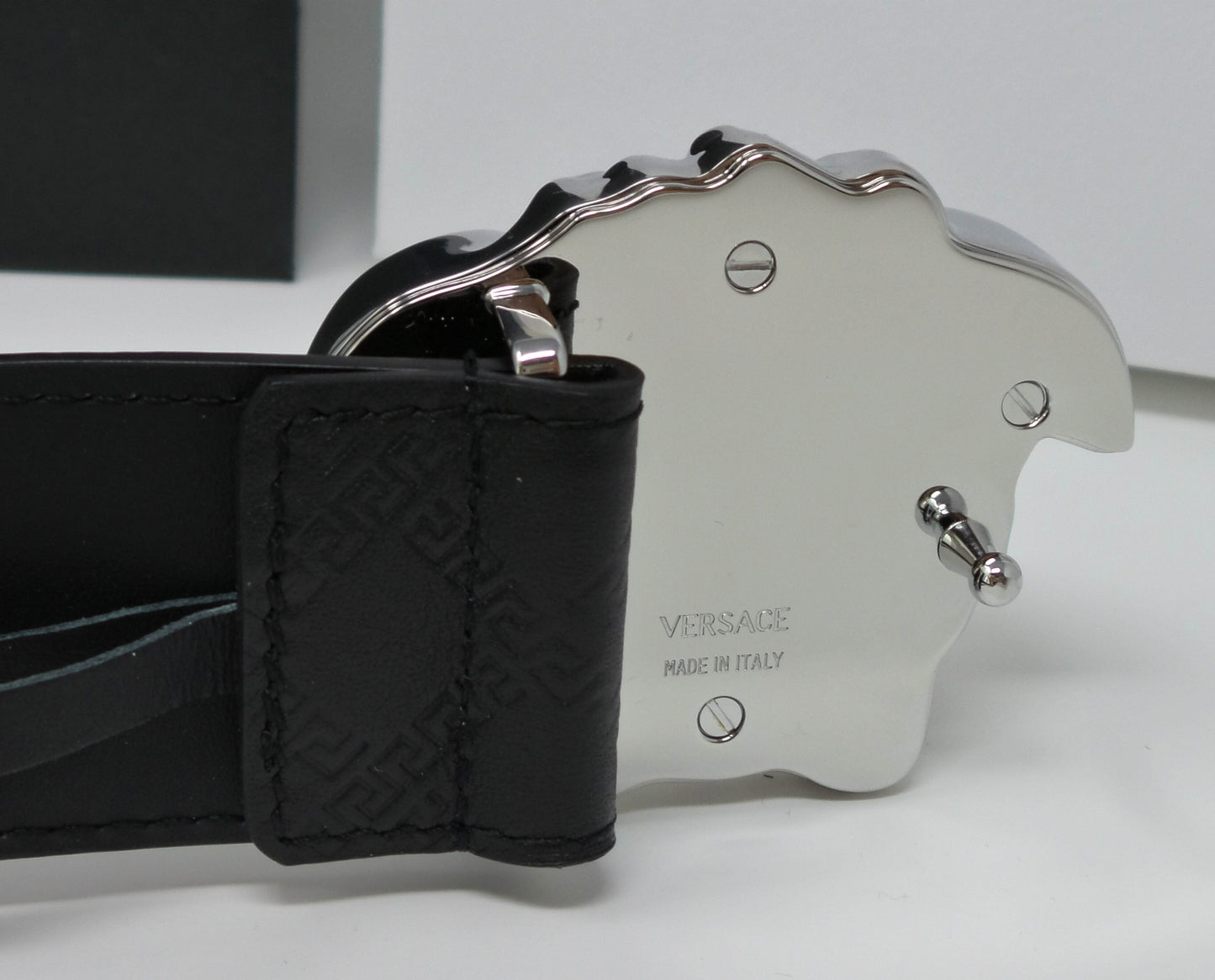 Black Leather Belt With Silver Medusa Buckle Unisex