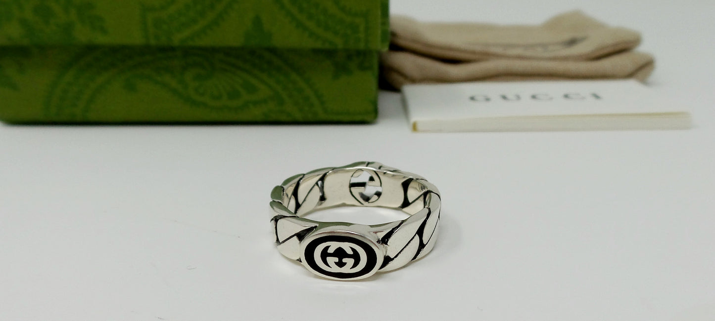 New Double Sided Silver Ring Unisex Interlocking G + Enamel G