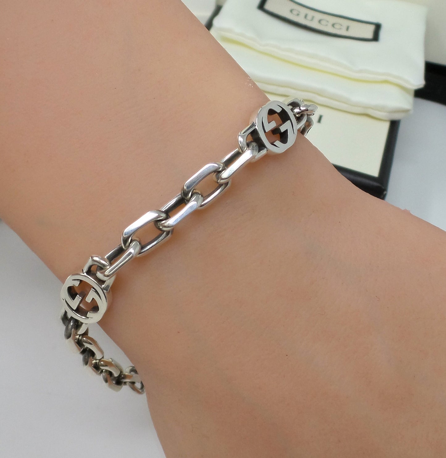 Unisex Silver Bracelet with Interlocking G Mens Womens