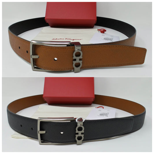 New Reversible Brown / Black Leather Gancini Adjustable Belt