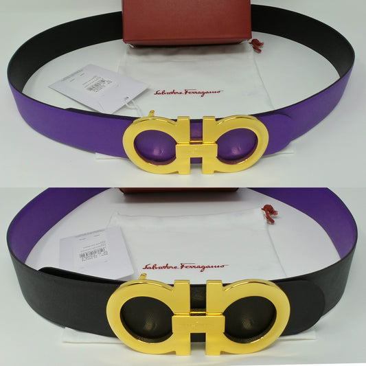 Reversible Belt Purple / Black Large Gold Gancini Buckle