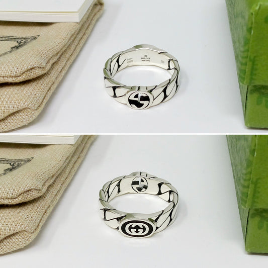 New Double Sided Silver Ring Unisex Interlocking G + Enamel G